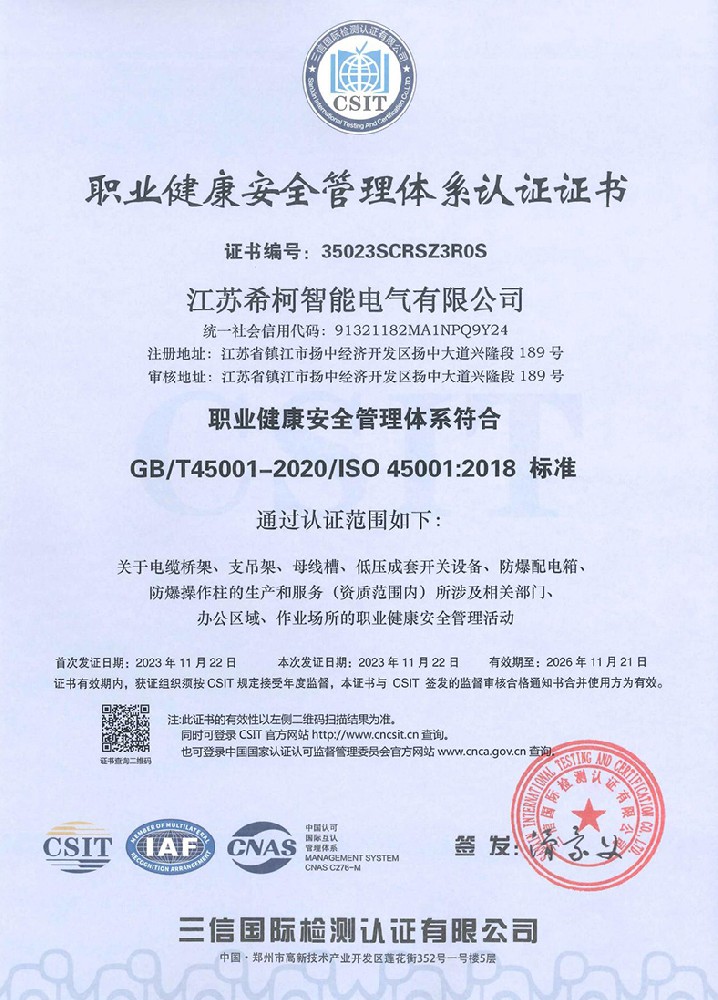 職業(yè)健康安全管理體系認(rèn)證證書